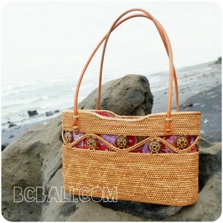 natural handmade rattan shopping handbags leather handle